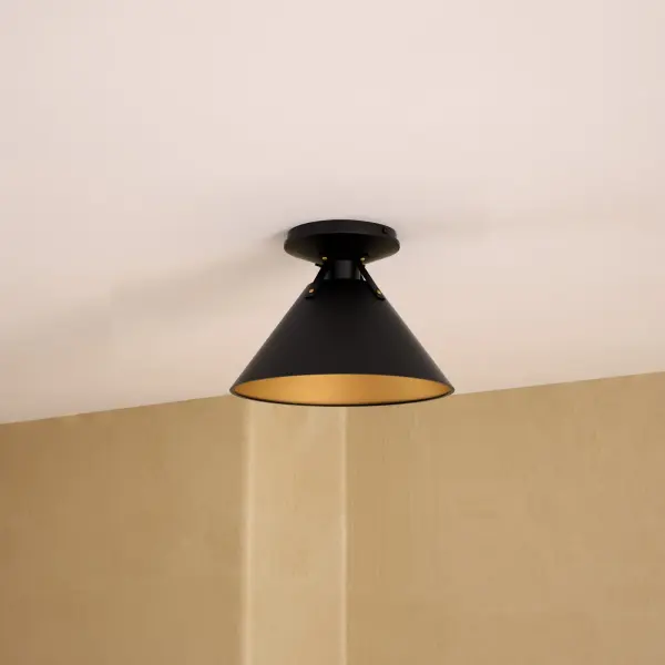 The Archer 7-inch flush mount blends rustic cottage warmth with modern industrial details. Its triangular metal shade and decorative straps create visual interest while the compact size fits perfectly in smaller spaces. - alternate view