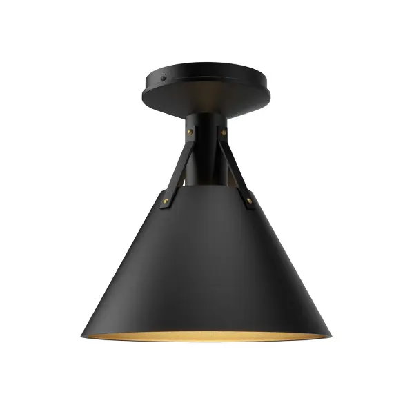 The Archer flush mount blends rustic cottage warmth with modern industrial details. Its triangular metal shade and decorative straps create visual interest while the compact 10-inch size fits perfectly in smaller spaces.