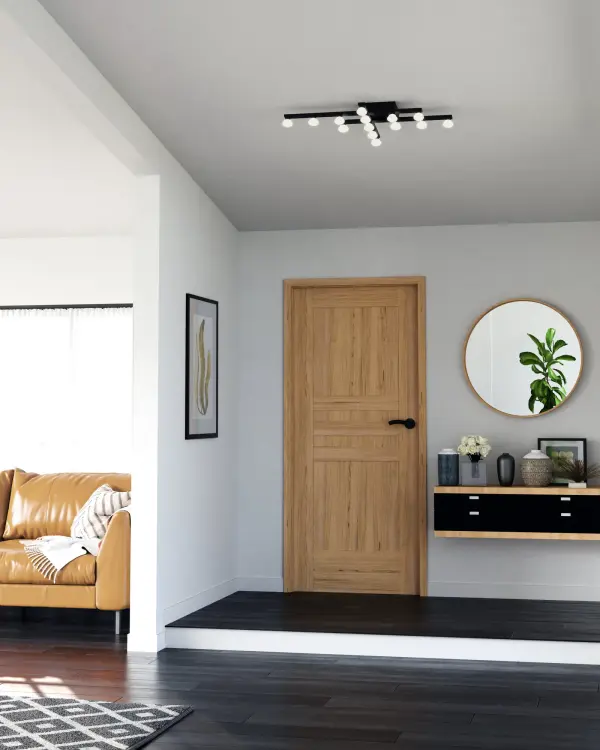 The Rezz 32-inch flush mount reimagines classic Hollywood style with opal glass diffusers and a sleek matte black frame. Integrated LED with warm 3000K lighting creates inviting ambiance while the dimmable feature offers versatility for any mood. - alternate view