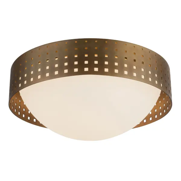 The Astoria flush mount by Peyton Fox combines clean geometric design with warm ambient lighting. Its opal glass diffuser and brass-plated punched metal overlay create a sophisticated look perfect for modern and transitional spaces.