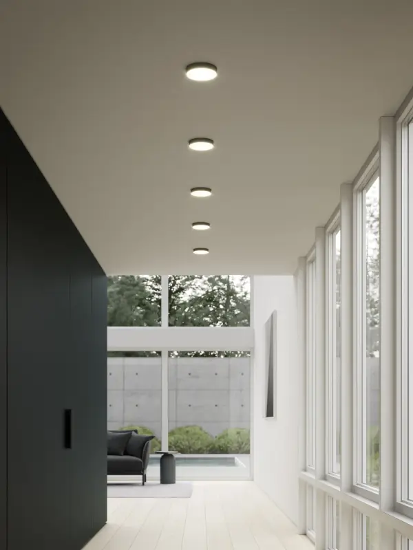 The Novel flush mount combines minimalist design with functional versatility. Its adjustable disk illumination and clean-lined structure create a modern aesthetic perfect for contemporary spaces with low ceilings. - alternate view