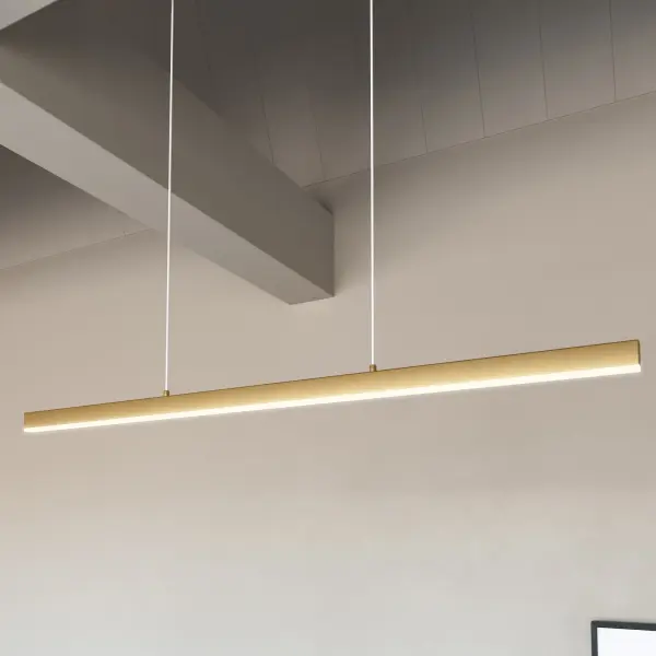 The Vega linear pendant combines state-of-the-art LED technology with elegant brushed gold finish and frosted acrylic diffuser for even, warm illumination. Perfect for modern dining rooms and kitchen islands. - alternate view