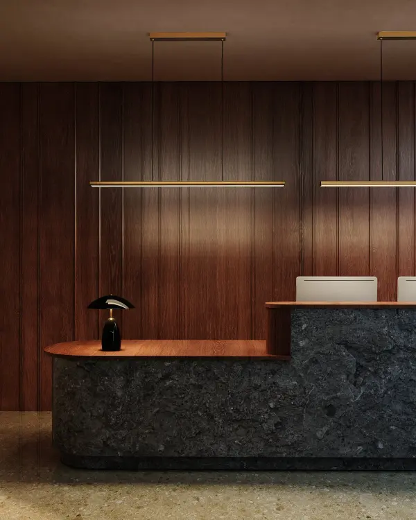 The Drift 45-inch Linear Pendant delivers refined modern elegance with exceptional versatility. Its clean-lined design and adjustable LED color temperature (2700K-5000K) make it perfect for customizing ambiance in kitchens, dining rooms, and commercial spaces. - alternate view