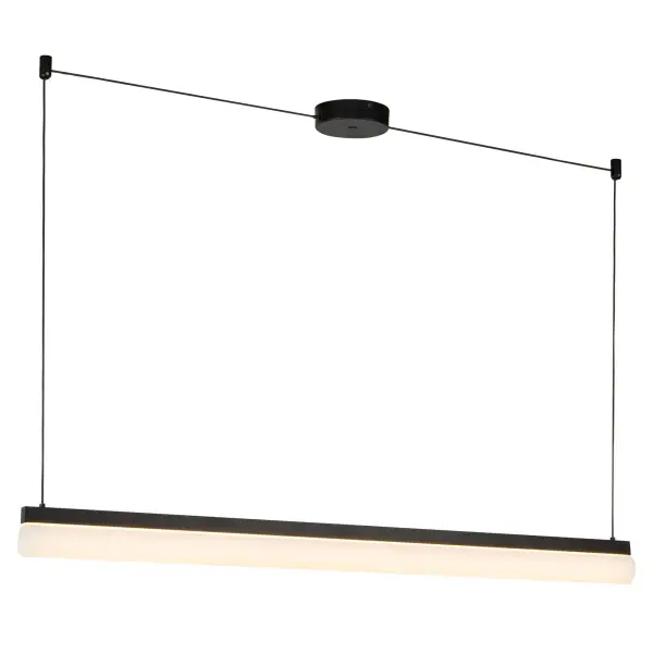 The Nio 45-inch Linear Pendant combines sleek contemporary design with practical functionality. Its lantern-inspired profile and ribbed opal diffuser create warm, even illumination perfect for kitchen islands and dining areas.