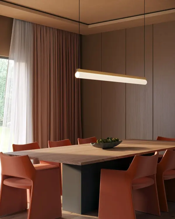 The Nio 45-inch Linear Pendant combines sleek contemporary design with practical functionality. Its lantern-inspired profile and ribbed opal diffuser create warm, even illumination perfect for kitchen islands and dining areas. - alternate view