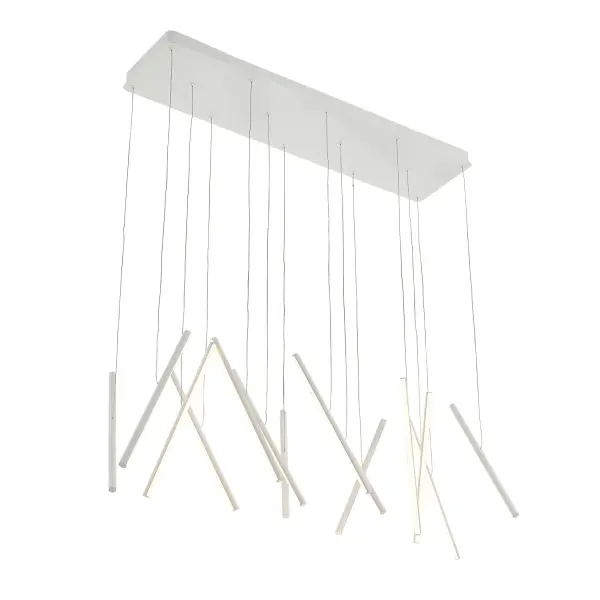 The primary component of the Chute series is a slim round rod illuminated along the entirety of its length. The opal silicon diffuser radiates soft LED light outward from the axis of the lamps and completes the cylindrical shape. Used in angled repetition the fixture becomes increasingly energetic creating a field of radiant floating lines. Individual height adjustment of the various linear elements allows for user customization and an abundance of potential compositions. Available in several sizes and multiple finishes. Integrated LED with 3000K Warm White Color Temperature Designed for dining room, kitchen, and beyond Modern, Contemporary Style with Decorative Details Installation hardware included Easy assembly instructions included in box Dimmable, see specs for detail Sloped ceiling adaptable, see specs for details