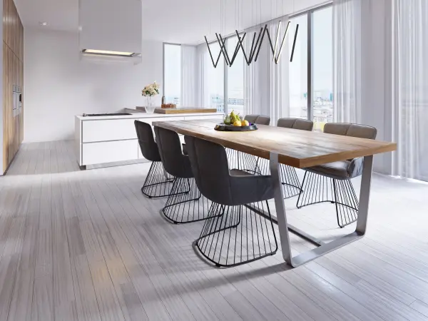 The primary component of the Chute series is a slim round rod illuminated along the entirety of its length. The opal silicon diffuser radiates soft LED light outward from the axis of the lamps and completes the cylindrical shape. Used in angled repetition the fixture becomes increasingly energetic creating a field of radiant floating lines. Individual height adjustment of the various linear elements allows for user customization and an abundance of potential compositions. Available in several sizes and multiple finishes. Integrated LED with 3000K Warm White Color Temperature Designed for dining room, kitchen, and beyond Modern, Contemporary Style with Decorative Details Installation hardware included Easy assembly instructions included in box Dimmable, see specs for detail Sloped ceiling adaptable, see specs for details - alternate view