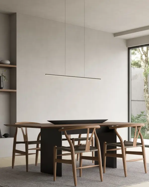 The Vega Minor 48-inch linear pendant delivers refined contemporary style with its diminutive square profile and integrated LED technology. Perfect for dining rooms and kitchen islands, it provides warm, uniform lighting with dimmable functionality and sloped ceiling adaptability. - alternate view