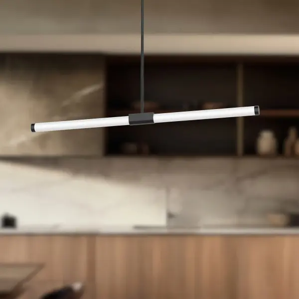 The Akari 37-inch linear pendant delivers clean, contemporary lighting with its minimalist metallic design and integrated LED bars. Perfect for modern dining rooms and kitchen islands, offering warm 3000K illumination with dimmable functionality. - alternate view