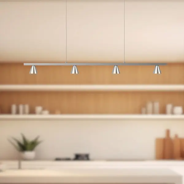 The Dune Linear Pendant combines minimalist design with functional elegance through its inline aluminum cone configuration. Integrated 3000K LED sources provide warm, focused downlight perfect for task and ambient lighting. - alternate view