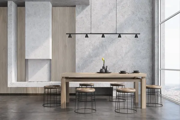 Multiple aluminum cones are connected inline and direct light downwards from the geometric linear pendant. The Dune series utilizes classic minimalist lamp shapes yet in reduced scale to elegant effect. The LED spot sources are focused by diminutive reflectors housed within the exquisitely turned shades. Available in multiple configurations and finishes. Integrated LED with 3000K Warm White Color Temperature Designed for dining room, kitchen, and beyond Modern, Contemporary Style with Decorative Details Installation hardware included Easy assembly instructions included in box Dimmable, see specs for detail Sloped ceiling adaptable, see specs for details - alternate view