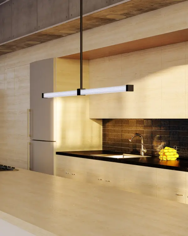 The Blade 32-inch Linear Pendant combines artistic linear design with functional integrated LED lighting. Its acrylic ribbed diffusers deliver exceptional light depth, making it perfect for dining rooms and kitchen islands in contemporary homes. - alternate view