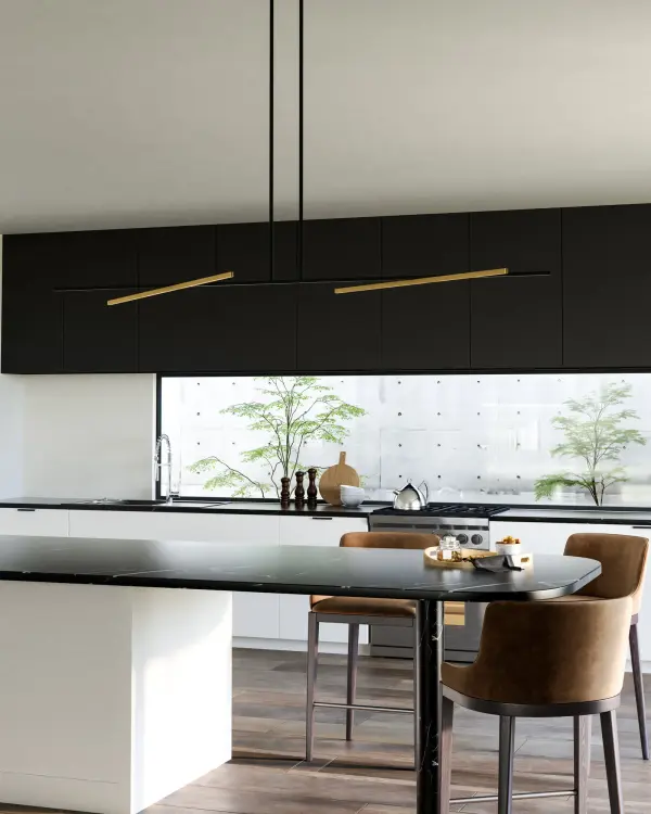 The Shift 60-inch Linear Pendant combines minimalist design with practical functionality through its adjustable dual light bars and integrated LED technology. Its streamlined black finish and frosted diffusers create sophisticated ambient lighting. - alternate view