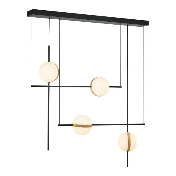 The Tagliato combines modern linear design with classic elegance through its distinctive matte black frame and brushed gold accents. Four rotating opal globes with integrated LED provide warm, even illumination perfect for dining and kitchen spaces.