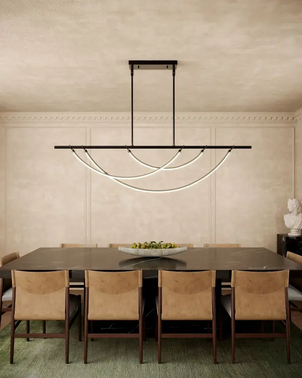 The Aryas brings haute couture elegance to your space with three adjustable LED ribbons that layer like a designer necklace. At 60 inches, this showstopper delivers warm illumination and conversation-starting style perfect for dining rooms and large kitchens. - alternate view