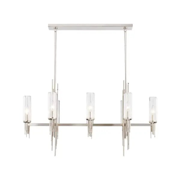 The Torres 38-inch linear pendant brings bold brutalist design to modern interiors. Elegantly forged metalwork in matte black pairs with clear ribbed glass shades for dramatic visual impact over dining tables and kitchen islands.