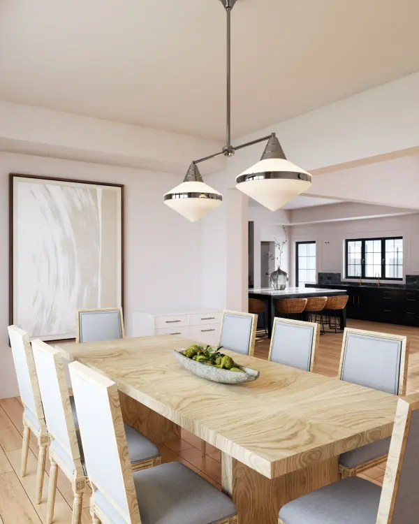 The Willard Linear Pendant brings cozy cottage elegance to contemporary spaces with its 41-inch span. Strong metal details in vintage brass pair beautifully with matte opal glass for a warm, inviting glow perfect over dining tables and kitchen islands. - alternate view