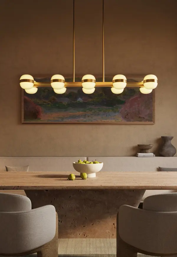 The Selene 48-inch linear pendant by Peyton Fox combines sculptural metalwork with soft opal glass diffusers for a sophisticated statement. Its 5CCT selectable LED technology offers customizable lighting from warm to cool tones, making it versatile for any setting. - alternate view