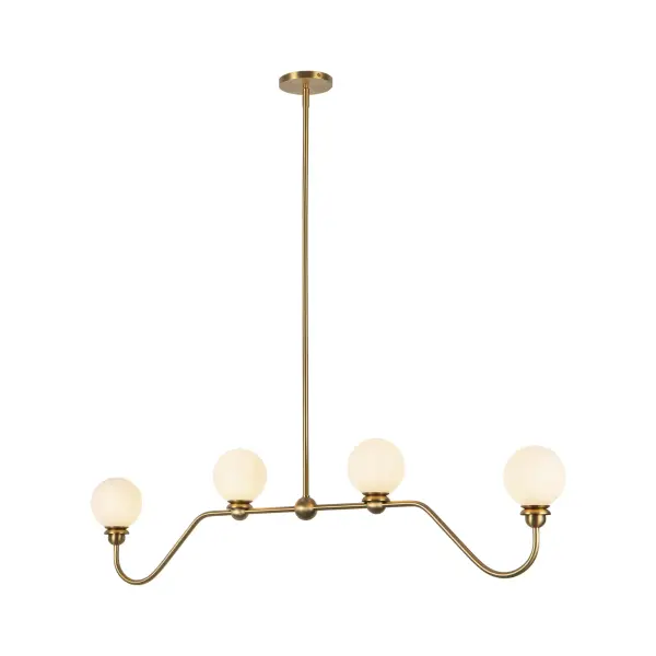 The Beckett Linear Pendant masterfully blends vintage-inspired curved arms with soft opal glass globes, creating warm, evenly distributed light perfect for dining and kitchen spaces. Its transitional design bridges cottage charm and contemporary style.