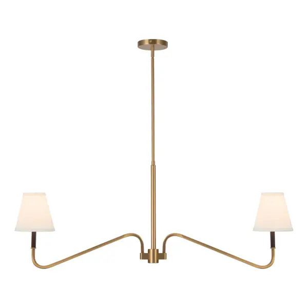 The Sloan 42-inch Linear Pendant masterfully blends traditional elegance with contemporary design. White linen shades provide warm, diffused lighting while textured arms and chain details add sophisticated visual interest. - alternate view