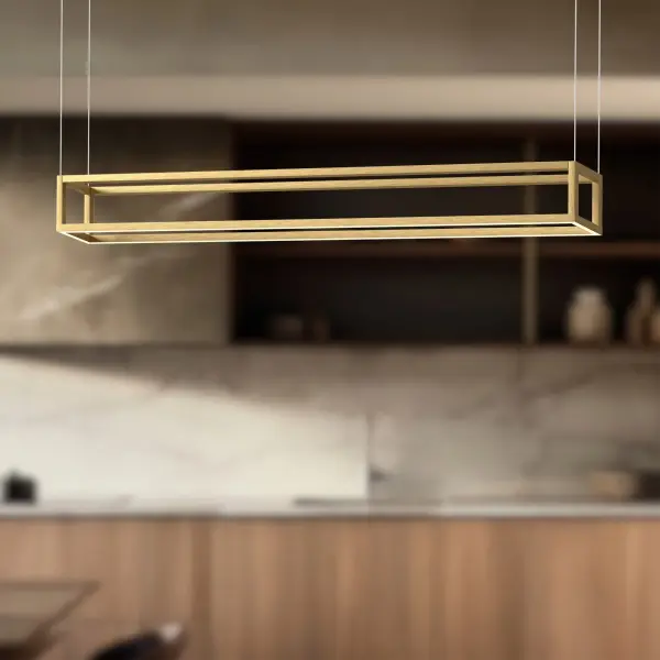 The Plaza 48-inch Linear Pendant combines contemporary aluminum framing with integrated LED technology to deliver both up and down lighting. Its clean lines and opal diffusers create vibrant ambient illumination perfect for modern dining and kitchen spaces. - alternate view