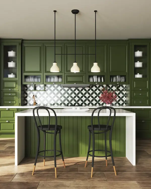 The Westlake brings 1920s Parisian cafe charm to modern spaces with its vintage milk jug-shaped opal glass shades and clean metal frame. This 34-inch linear pendant delivers warm ambient lighting perfect for dining areas and kitchen islands. - alternate view