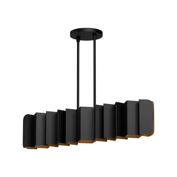 The Akira 42-inch linear pendant makes a bold artistic statement with its folded black metal exterior and brushed gold interior. Perfect for modern spaces seeking texture and visual interest over dining tables or kitchen islands.