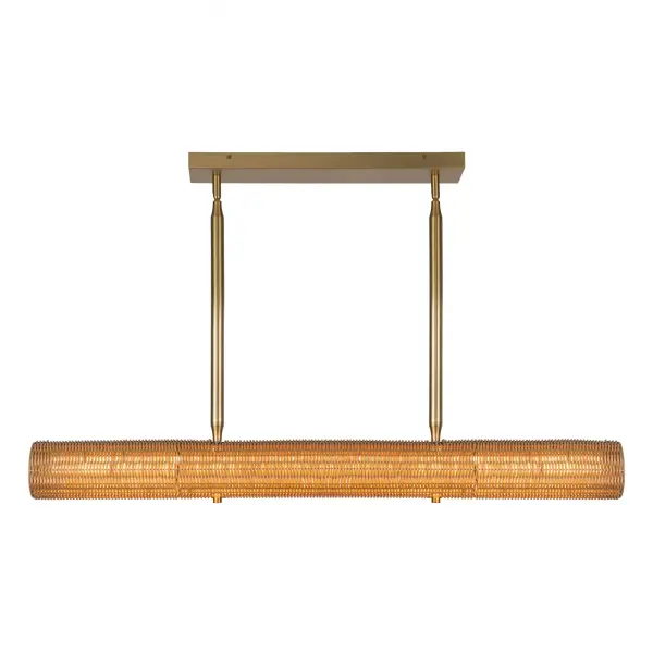 The Maris 42-inch linear pendant combines natural rattan texture with integrated LED technology, creating an inviting focal point perfect for dining areas and kitchen islands. Its warm organic aesthetic and energy-efficient design make it ideal for contemporary homes seeking earthy elegance.