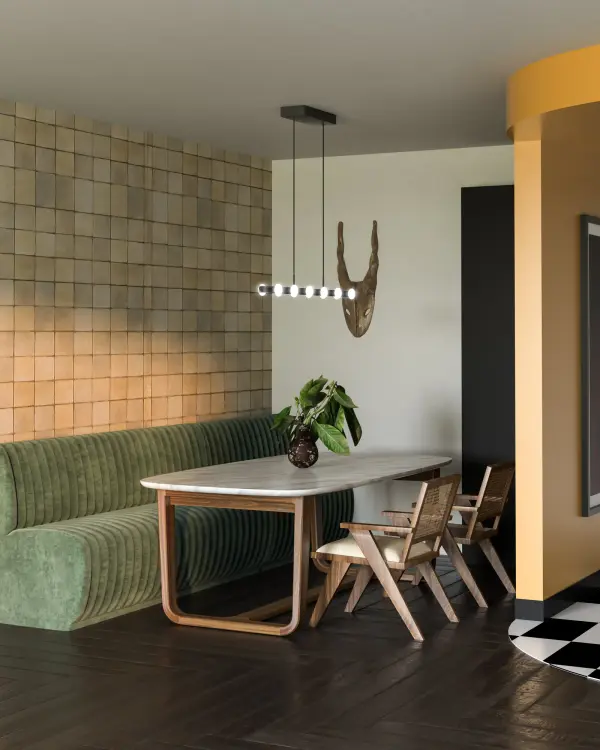 The Rezz 36-inch linear pendant reimagines classic Hollywood style with opal glass diffusers and a sleek matte black frame. Integrated LED with warm 3000K lighting creates inviting ambiance perfect for dining and kitchen spaces. - alternate view
