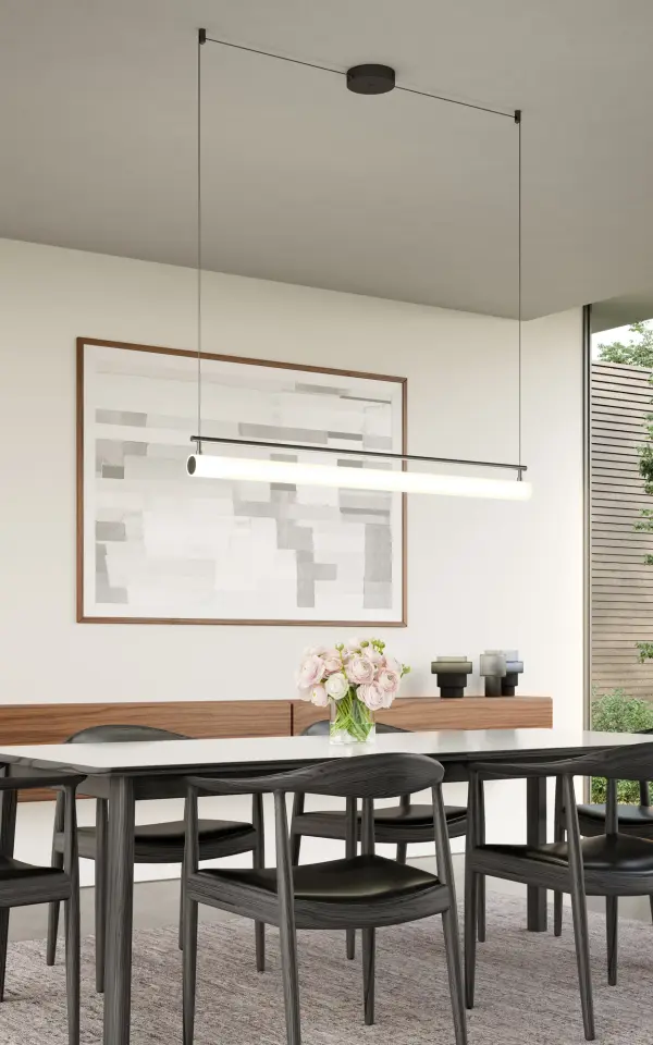 The Gramercy linear pendant features frosted glass cylinders arranged around an aluminum die-cast body, delivering even 360-degree ambient lighting. With integrated LED at 3000K warm white and dimmable functionality, it's perfect for modern dining rooms and kitchen islands. - alternate view