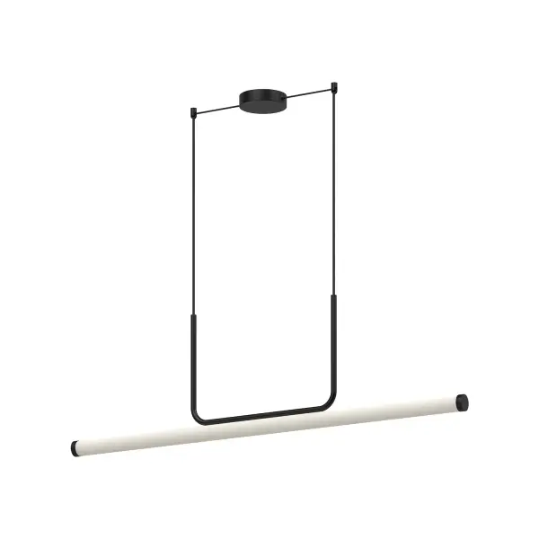 The Vesper 48-inch linear pendant combines industrial design with contemporary softness through its unique U-shaped frame and frosted diffusers. Integrated LED with warm 3000K lighting provides excellent task illumination.
