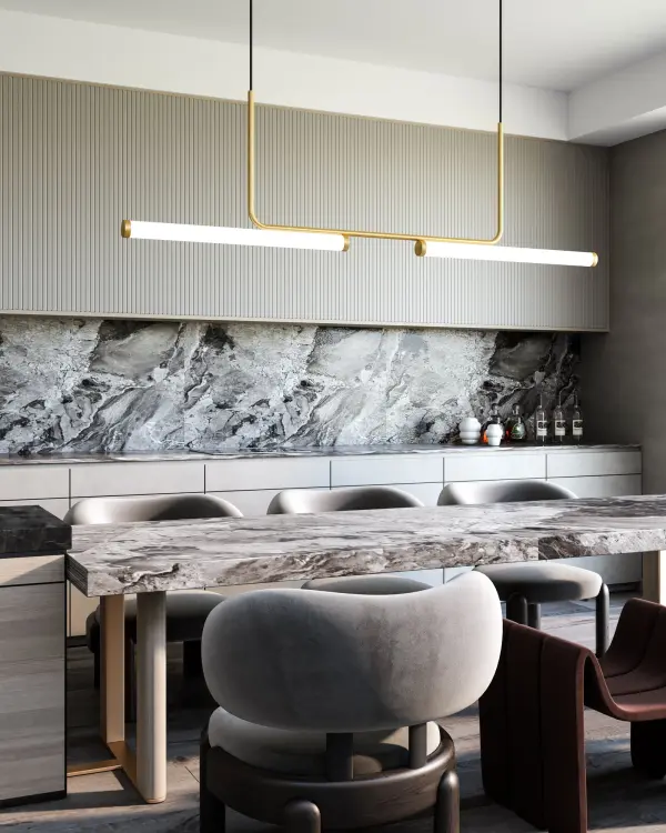 The Vesper Linear Pendant combines industrial design with contemporary elegance through its distinctive U-shaped frame and dual frosted diffusers. At 73 inches, it's perfectly sized for large dining tables and kitchen islands, delivering warm 3000K integrated LED lighting with dimmable functionality. - alternate view