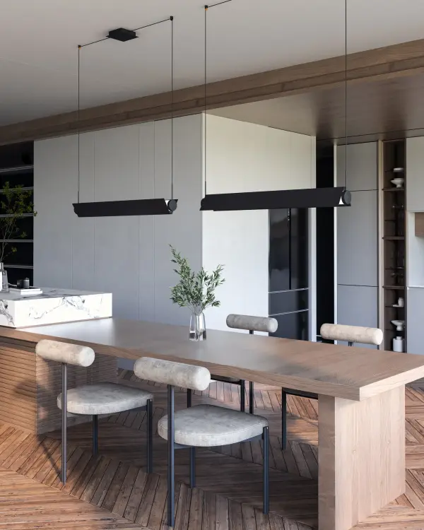 The Phoenix 36-inch Linear Pendant combines modern aesthetics with industrial charm, featuring fully adjustable metal shades for customizable lighting. Its integrated LED and two-tone finish make it a standout choice for contemporary spaces. - alternate view