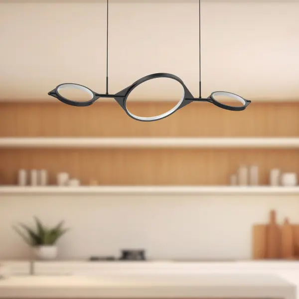 The Serif Linear Pendant combines clean angular geometry with artistic flexibility. Its adjustable floating rings create customizable formations from minimal uniform arrangements to free-form sculptural displays, making it both functional lighting and dimensional art. - alternate view