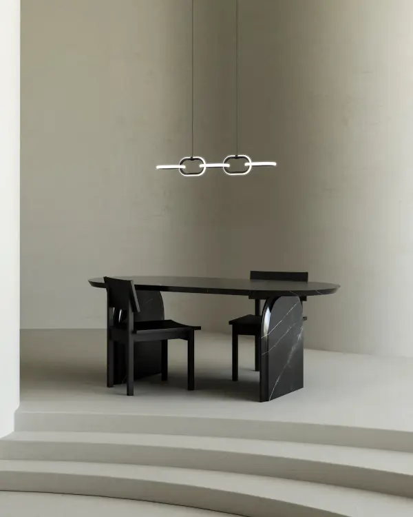 The Airen Linear Pendant brings jewelry-inspired elegance to modern spaces with its sleek interlocking oval design. Integrated 3000K warm white LEDs provide comprehensive illumination while the 36-inch length makes it perfect for dining tables and kitchen islands. - alternate view