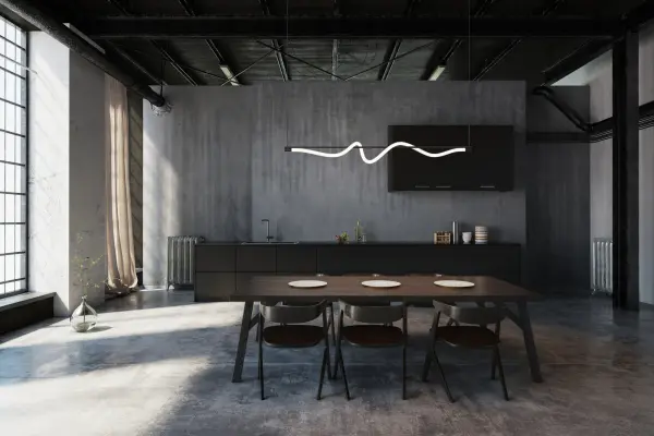 The Cursive linear pendant brings artistic sophistication with its flowing acrylic form that dances around a central rod. The 54-inch length makes it perfect for dining tables and kitchen islands, while integrated LED technology provides energy-efficient warm ambient light. - alternate view