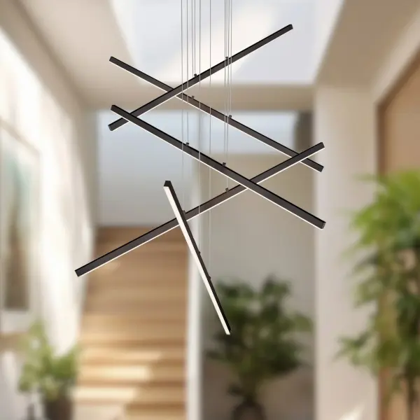 The Vega 5 Head Multi Pendant offers exceptional design flexibility with adjustable linear lights that can be arranged in clean parallels or playful asymmetry. Integrated LED technology and warm brushed gold finish create a stunning focal point. - alternate view
