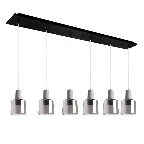 The Samson multi-pendant combines contemporary style with industrial details, featuring smoked glass shades and black metal housing. Integrated LED technology provides warm, energy-efficient lighting perfect for kitchen islands and dining areas.