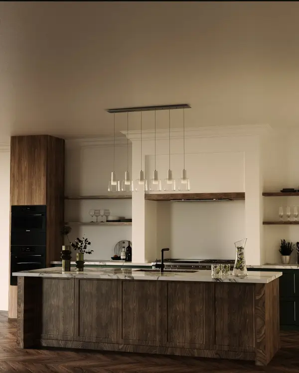 The Samson multi-pendant combines contemporary style with industrial details, featuring smoked glass shades and black metal housing. Integrated LED technology provides warm, energy-efficient lighting perfect for kitchen islands and dining areas. - alternate view