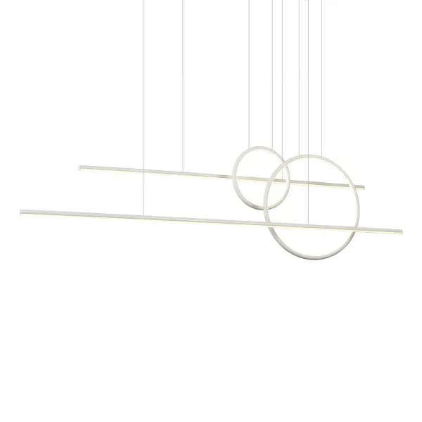 The Chute Calypso delivers dramatic visual impact with its 56-inch span of extruded aluminum cylinders and rings. Integrated LED with warm 3000K light and opal diffusers create ambient up/down lighting perfect for large spaces.