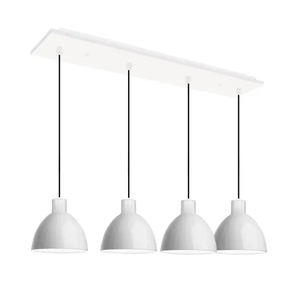 The Chroma 4-head multi pendant combines energy-efficient integrated LED technology with timeless dome shades in glossy white. Cloth-covered cables add textural interest while the white interior maximizes light reflectance.