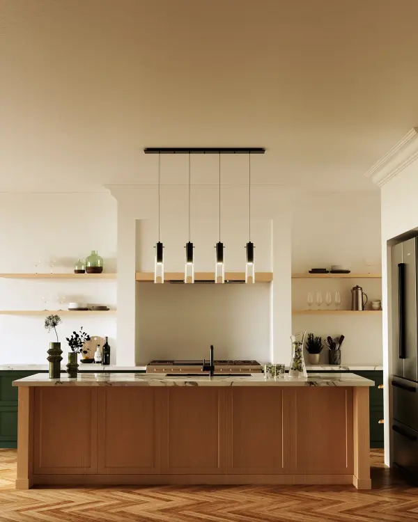 The Lena 4-light multi pendant combines contemporary design with practical functionality. Clear glass cylinders showcase tubular aluminum cores in a polished chrome finish, creating visual interest while providing warm LED illumination. - alternate view