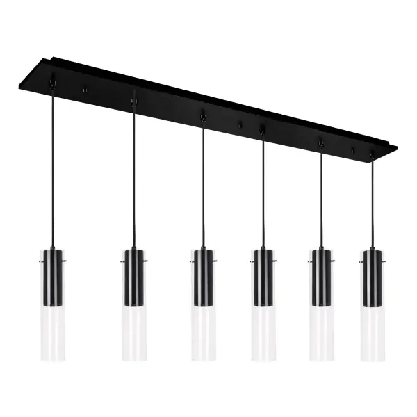 The Lena 6-Light Multi Pendant combines sleek cylindrical glass shades with tubular aluminum cores for a contemporary aesthetic. Integrated 3000K LED provides warm, inviting downlight perfect for task and ambient lighting. - alternate view