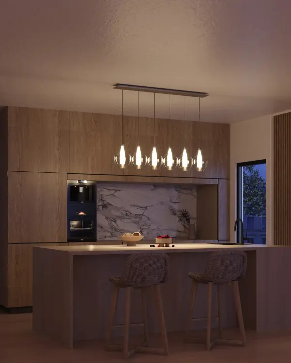 The Victoria 6-Light Multi Pendant combines simplicity with sophistication through its dual-layer glass shades and chrome finish. Integrated LED technology with warm 3000K lighting creates inviting ambiance perfect for modern kitchens and dining spaces. - alternate view