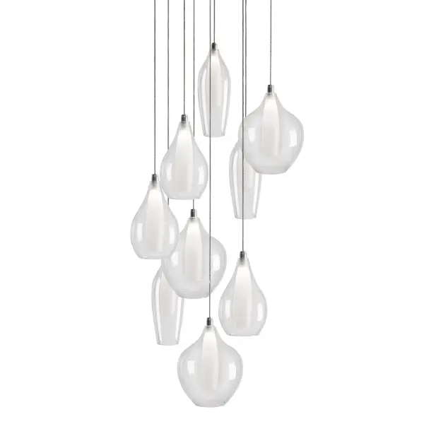 The Victoria multi-pendant combines three distinct glass shade styles in one stunning fixture. Patent-pending socket design with integrated 3000K LED creates a sophisticated focal point for large spaces.