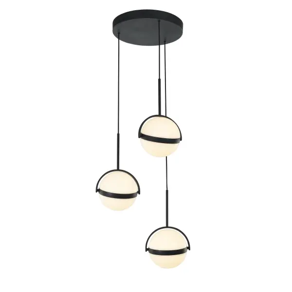 The Globo 3-Light Multi Pendant combines modern design with functional versatility. White orbs wrapped in brushed gold bands can be tilted to direct light, creating a customizable lighting experience perfect for dining and living spaces.
