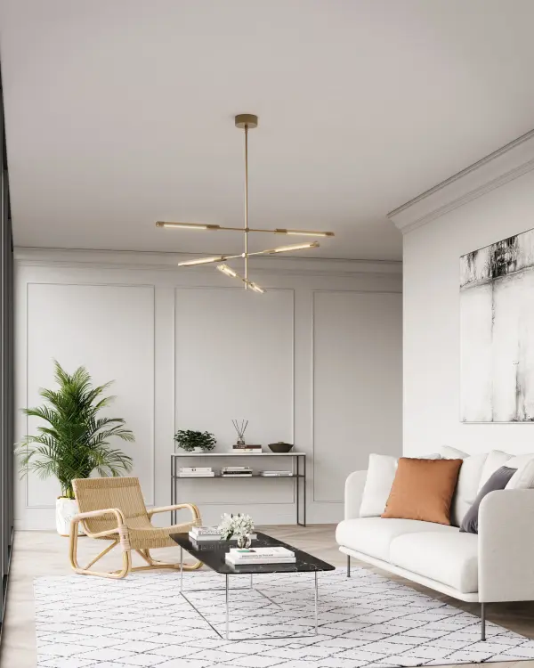 The Astrid 6-Light Multi Pendant brings nostalgic Mid-Century Modern design into contemporary spaces with adjustable integrated LED bars. Each pendant can be twisted to direct light up or down, offering functional versatility in a stunning Vintage Brass finish. - alternate view