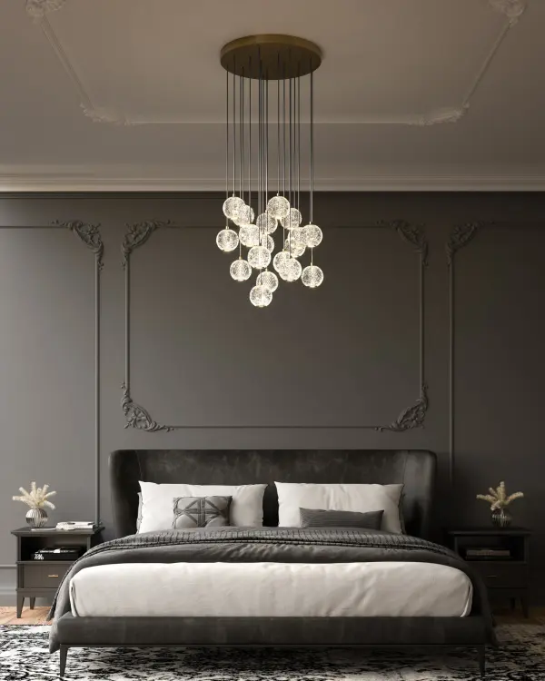 The Marni multi-pendant creates dramatic illumination with 18 meticulously cut spherical glass shades that cast glittering beams throughout your space. Integrated LED technology in warm 3000K provides energy-efficient luxury lighting. - alternate view