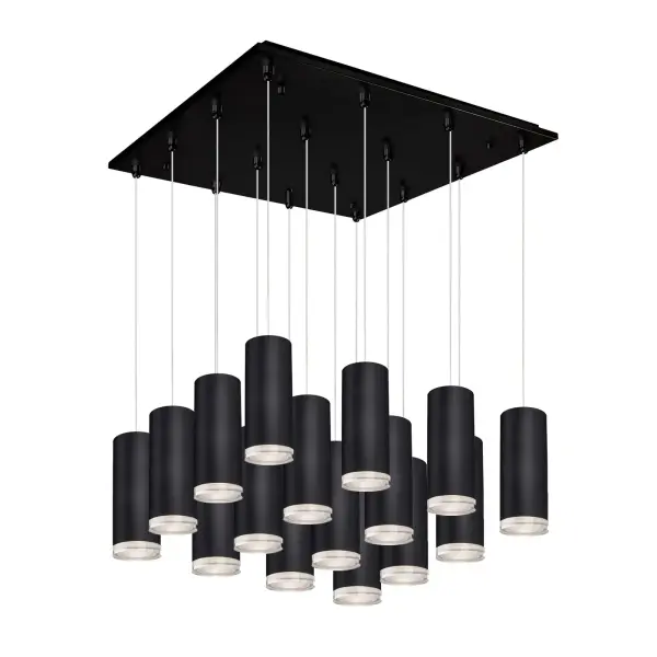The Cameo multi-pendant delivers dramatic visual impact with 16 cylinder-shaped LED lights featuring glass disc details. Perfect for large spaces requiring both ambient and decorative lighting with modern sophistication.