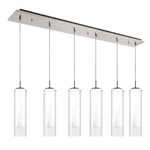 The Verona multi-pendant combines minimalist clear glass cylinders with glare-free LED lighting, making it ideal for task and ambient lighting over countertops and dining tables. The brushed nickel finish and clean lines suit contemporary interiors.